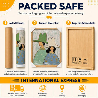 May include: An infographic titled PACKED SAFE showing three shipping methods: a brown cardboard tube for rolled canvas, a framed painting wrapped in protective film with corner guards, and a large wooden crate with fragile icons.