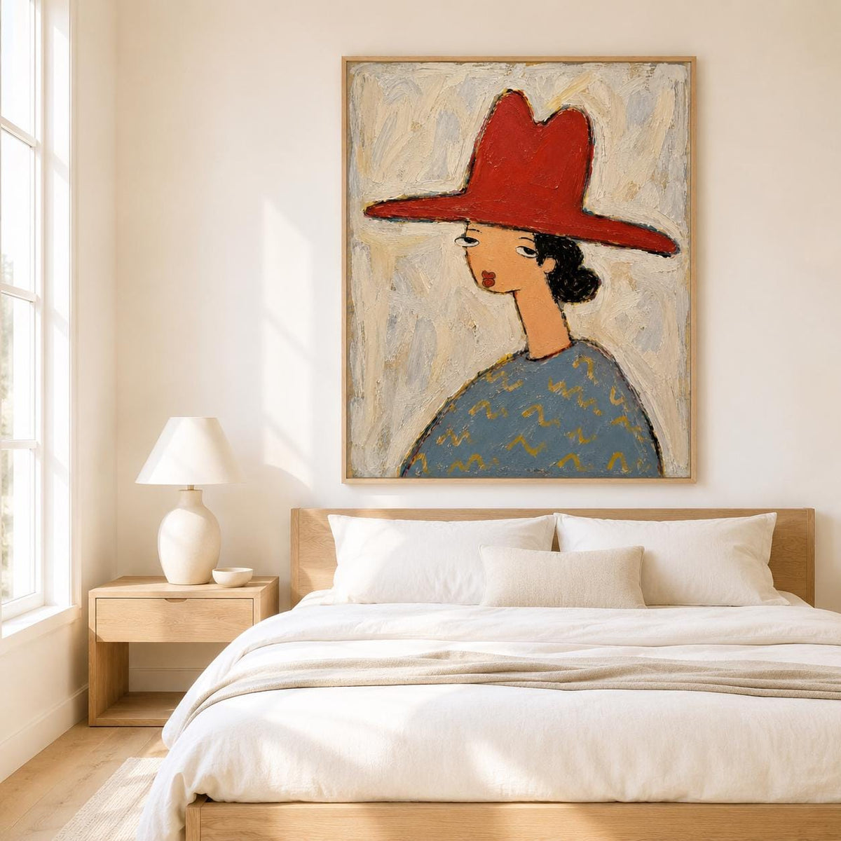 May include: A framed oil painting on canvas depicting a stylized figure wearing a wide-brimmed red hat. The figure has dark hair, a long neck, and is dressed in a blue garment with a yellow pattern, set against a textured, light-colored background.