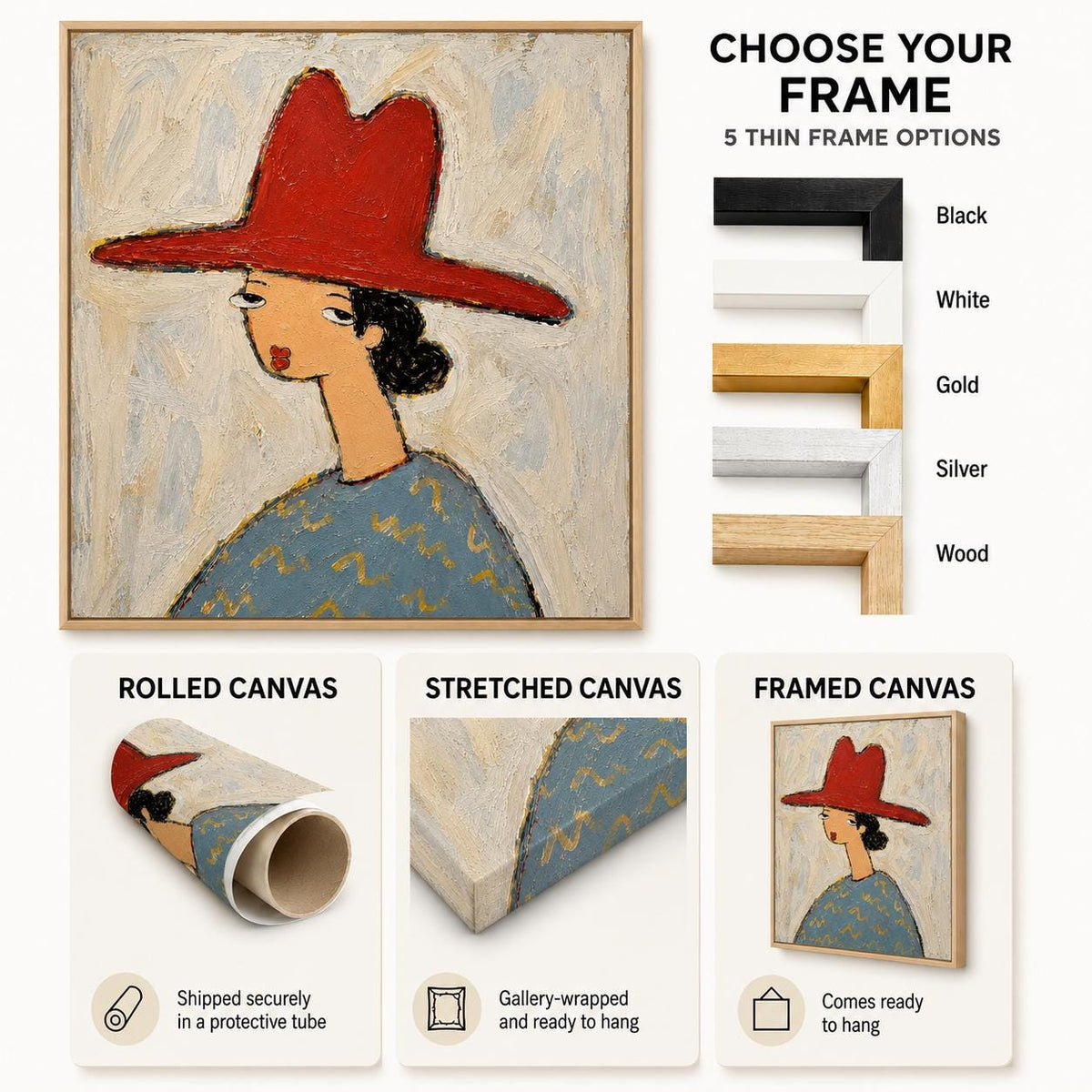 May include: A square canvas print featuring a stylized painting of a figure wearing a large red hat and a blue patterned shirt. The image displays five frame options in black, white, gold, silver, and wood, plus rolled, stretched, and framed canvas.