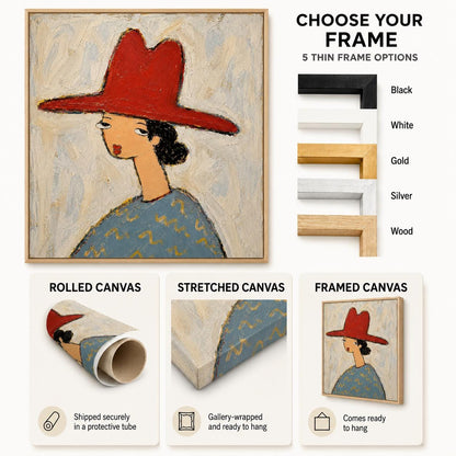 May include: A square canvas print featuring a stylized painting of a figure wearing a large red hat and a blue patterned shirt. The image displays five frame options in black, white, gold, silver, and wood, plus rolled, stretched, and framed canvas.