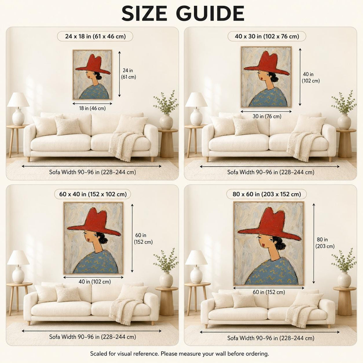 May include: A size guide infographic displaying four variations of a framed wall art print featuring a person in a red hat, shown above a sofa. Each section includes dimensions in inches and centimeters, ranging from 24x18 inches to 80x60 inches.