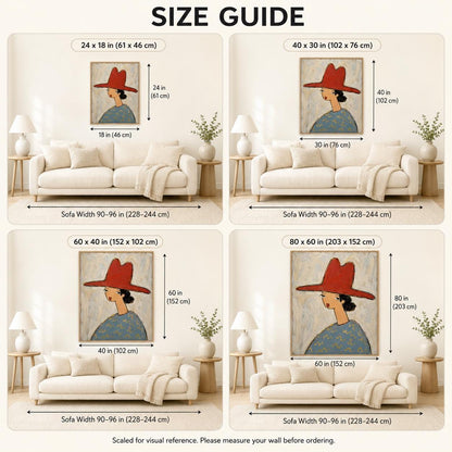 May include: A size guide infographic displaying four variations of a framed wall art print featuring a person in a red hat, shown above a sofa. Each section includes dimensions in inches and centimeters, ranging from 24x18 inches to 80x60 inches.