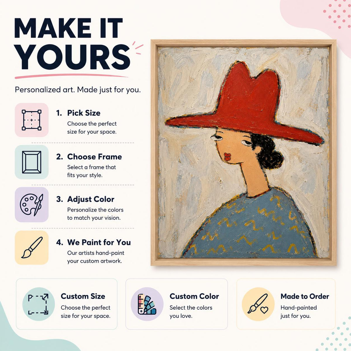 May include: A framed painting of a person wearing a wide-brimmed red hat and a blue patterned shirt. The text reads MAKE IT YOURS, Personalized art. Made just for you. 1. Pick Size, 2. Choose Frame, 3. Adjust Color, 4. We Paint for You, Custom Size, Custom Color, Made to Order.
