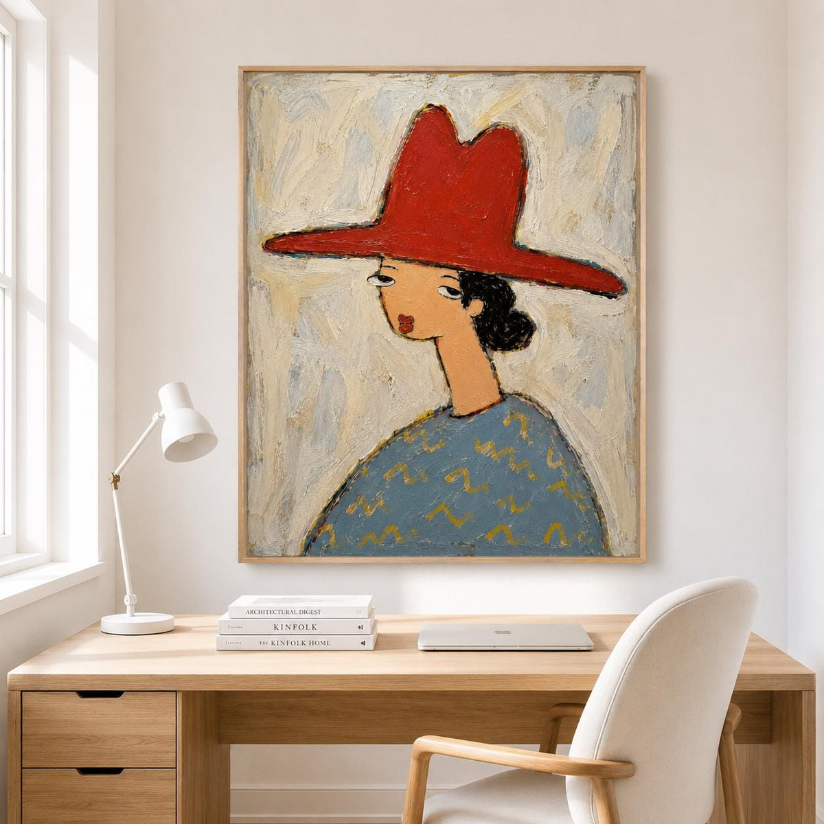 May include: A framed oil painting on canvas depicting a stylized figure wearing a wide-brimmed red hat and a blue shirt with yellow zigzag patterns. The figure has a long neck, dark hair, and a neutral expression against a textured cream background.