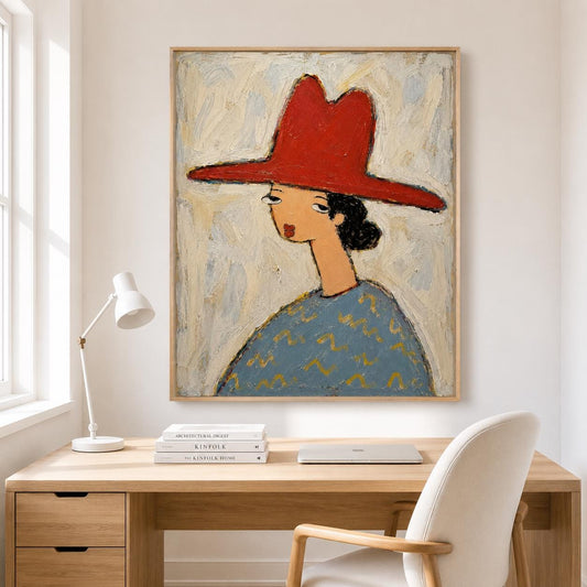 May include: A framed oil painting on canvas depicting a stylized figure wearing a wide-brimmed red hat and a blue shirt with yellow zigzag patterns. The figure has a long neck, dark hair, and a neutral expression against a textured cream background.