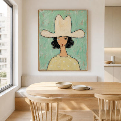 May include: A framed wall art print featuring a stylized painting of a person with dark curly hair wearing a large cream-colored cowboy hat and a pale yellow sweater against a textured mint green background with visible brushstrokes.