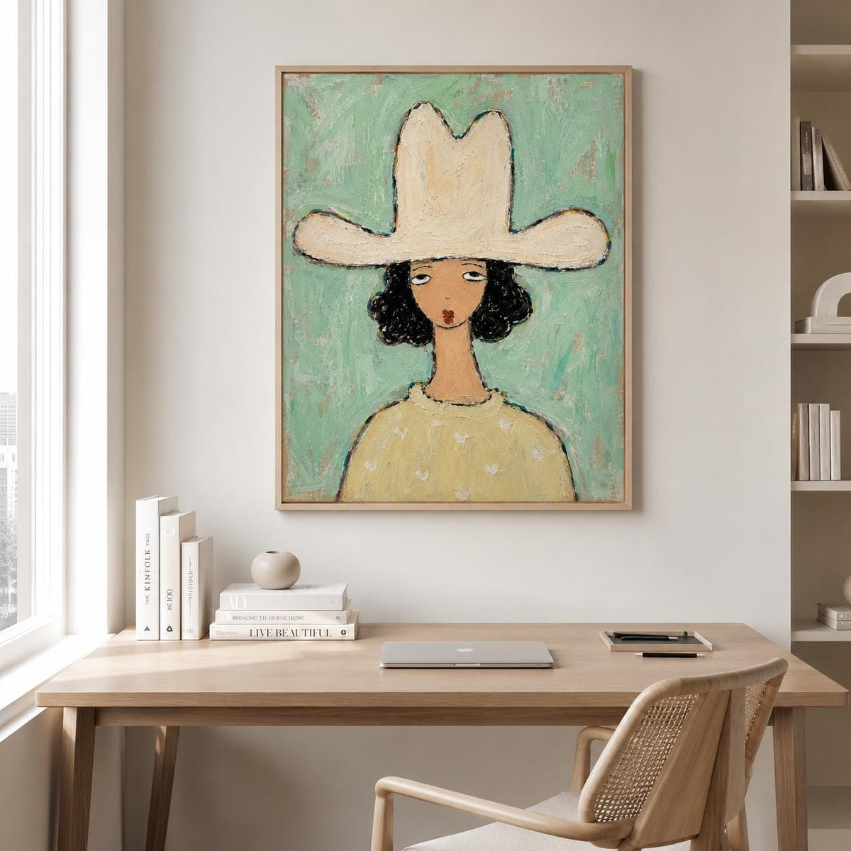 May include: A framed painting featuring a stylized figure with dark curly hair wearing a wide-brimmed cream-colored hat and a pale yellow sweater. The figure is set against a textured mint green background with visible brushstrokes.