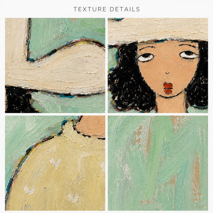 May include: A four-panel collage showing texture details of an oil painting. The artwork features a figure with black hair, a white hat, and red lips against a mint green background. Thick, visible brushstrokes create a tactile, impasto surface.