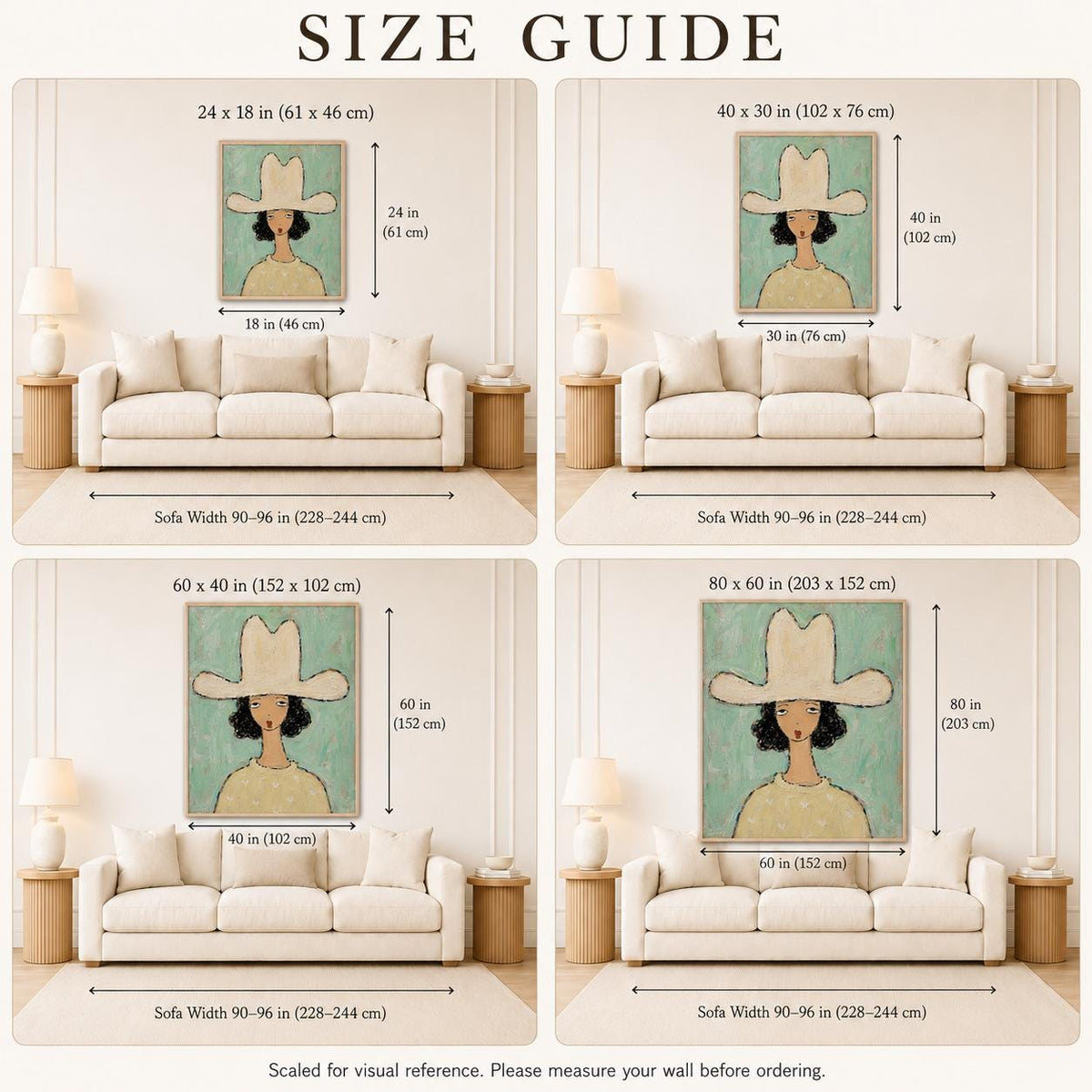 May include: A size guide chart featuring four illustrations of a framed portrait of a person wearing a cowboy hat, displayed above a sofa. The chart includes dimensions in inches ranging from 24x18 to 80x60 and sofa width references of 90-96 inches.