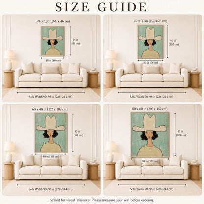 May include: A size guide chart featuring four illustrations of a framed portrait of a person wearing a cowboy hat, displayed above a sofa. The chart includes dimensions in inches ranging from 24x18 to 80x60 and sofa width references of 90-96 inches.