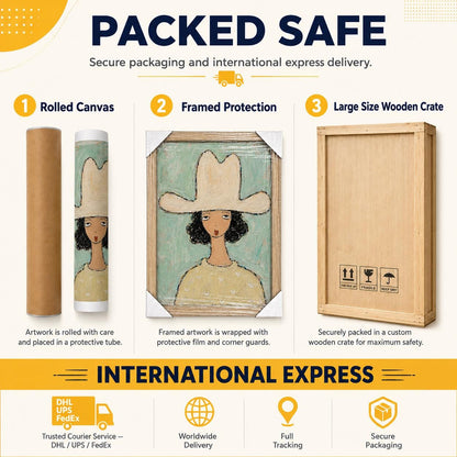 May include: An infographic titled PACKED SAFE showing three shipping methods: a rolled canvas in a protective tube, framed artwork with corner guards, and a large wooden crate. The bottom section displays INTERNATIONAL EXPRESS with icons for courier services, worldwide delivery, tracking, and secure packaging.