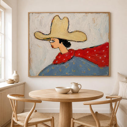 May include: A rectangular wall painting featuring a stylized figure wearing a large, pale yellow cowboy hat. The figure has a red scarf with small white patterns and a blue garment with gold accents, set against a textured, off-white background.
