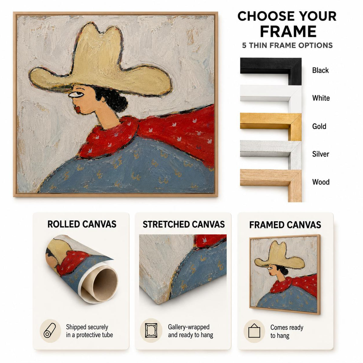 May include: A square painting of a figure wearing a wide-brimmed tan hat, a red scarf, and a blue garment against a textured off-white background. The image displays five frame options: black, white, gold, silver, and wood, plus rolled, stretched, and framed canvas formats.