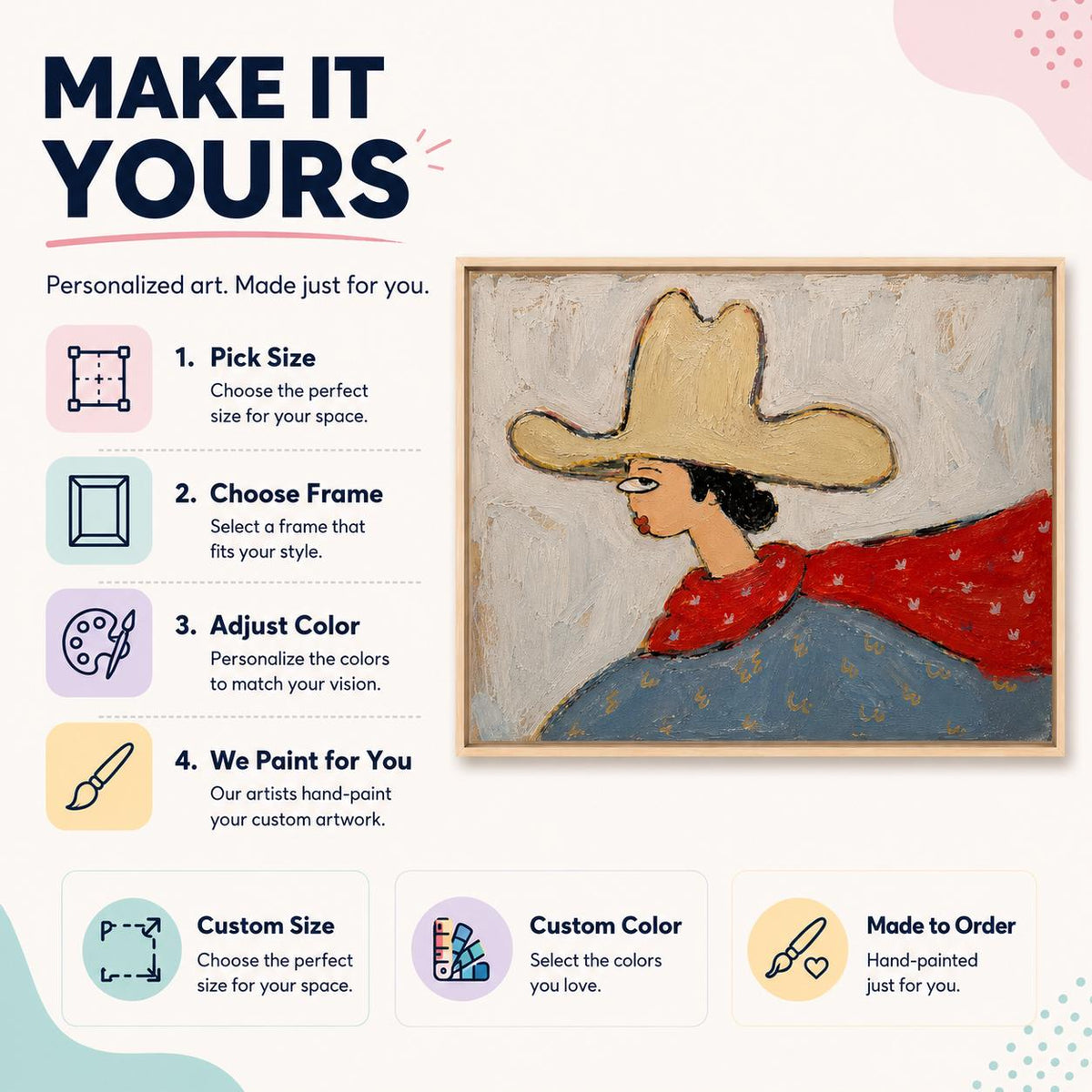 May include: A framed painting of a figure wearing a large beige hat and a red scarf over a blue garment. The text reads: MAKE IT YOURS, Personalized art. Made just for you. 1. Pick Size, 2. Choose Frame, 3. Adjust Color, 4. We Paint for You.