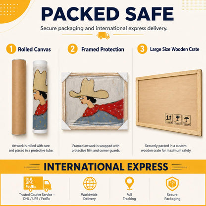 May include: An infographic titled PACKED SAFE showing three shipping methods: a rolled canvas in a tube, a framed painting with corner guards and protective film, and a large wooden crate with fragile handling icons printed on the back panel.