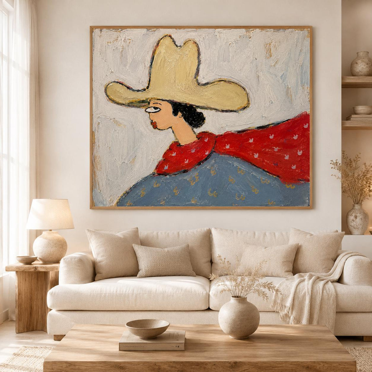 May include: A square canvas painting featuring a stylized figure wearing a large yellow hat, a red scarf with white patterns, and a blue garment. The background is a textured off-white, and the artwork is framed in a light-colored wooden frame.