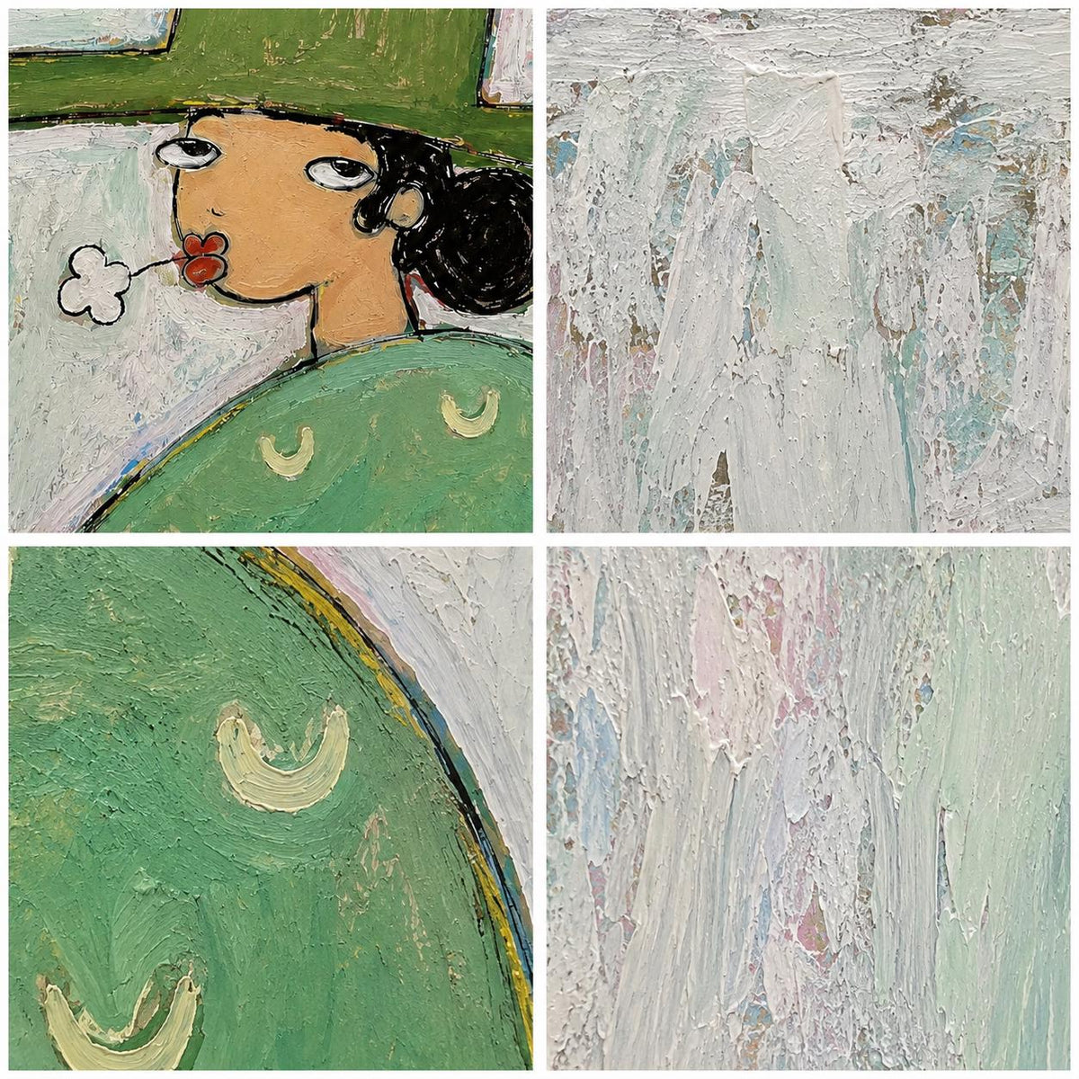 May include: A four-panel oil painting featuring a stylized figure with dark hair in a bun, wearing a green garment with crescent moon accents, blowing a white cloud. The other panels display thick, textured impasto brushstrokes in white, blue, and green.
