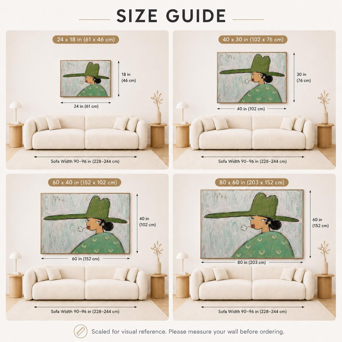 May include: A size guide infographic displaying four variations of a framed wall art print featuring a person in a green hat, shown above a white sofa. Dimensions include 24x18, 40x30, 60x40, and 80x60 inches. Text reads: SIZE GUIDE and Scaled for visual reference.