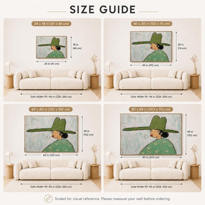 May include: A size guide infographic displaying four variations of a framed wall art print featuring a person in a green hat, shown above a white sofa. Dimensions include 24x18, 40x30, 60x40, and 80x60 inches. Text reads: SIZE GUIDE and Scaled for visual reference.