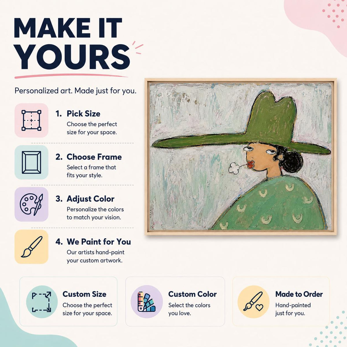 Green Hat Woman Wall Art Flower Portrait Textured Canvas Painting for Modern Office Decor
