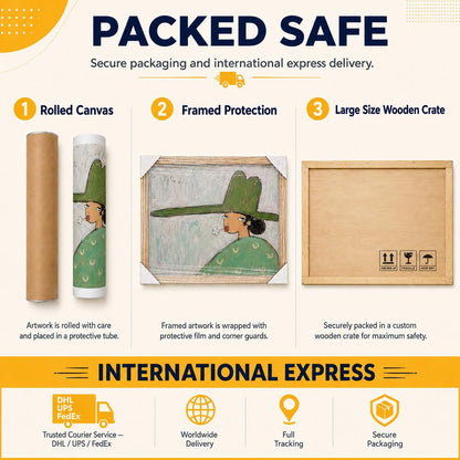 May include: An infographic titled PACKED SAFE showing three shipping methods: a brown cardboard tube for rolled canvas, a framed painting with corner guards, and a large wooden crate. The bottom section displays INTERNATIONAL EXPRESS text.