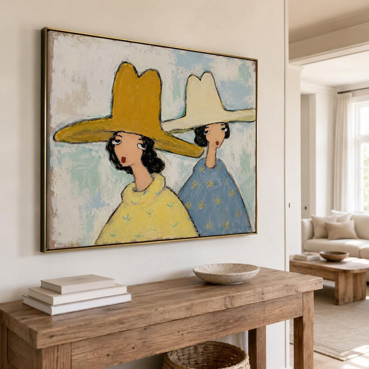 Two Women Wall Art Yellow White Fashion Portrait Canvas Painting for Living Room Decor