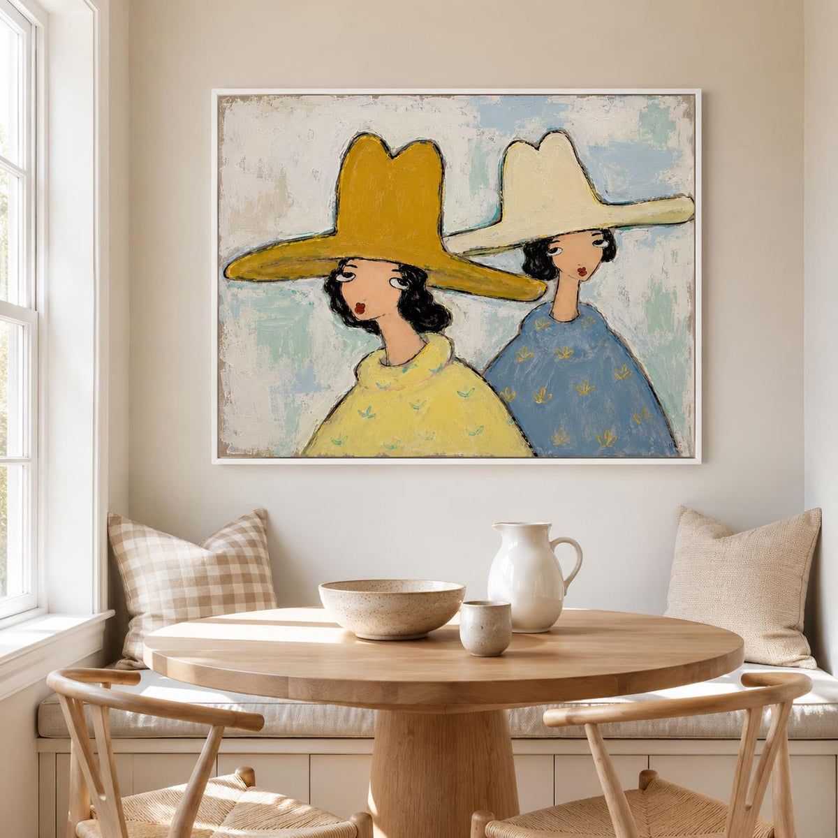 May include: A rectangular wall art print featuring a stylized painting of two figures wearing wide-brimmed hats. One figure wears a mustard yellow hat and sweater, while the other wears a cream-colored hat and a blue patterned sweater against a textured light blue and white background.