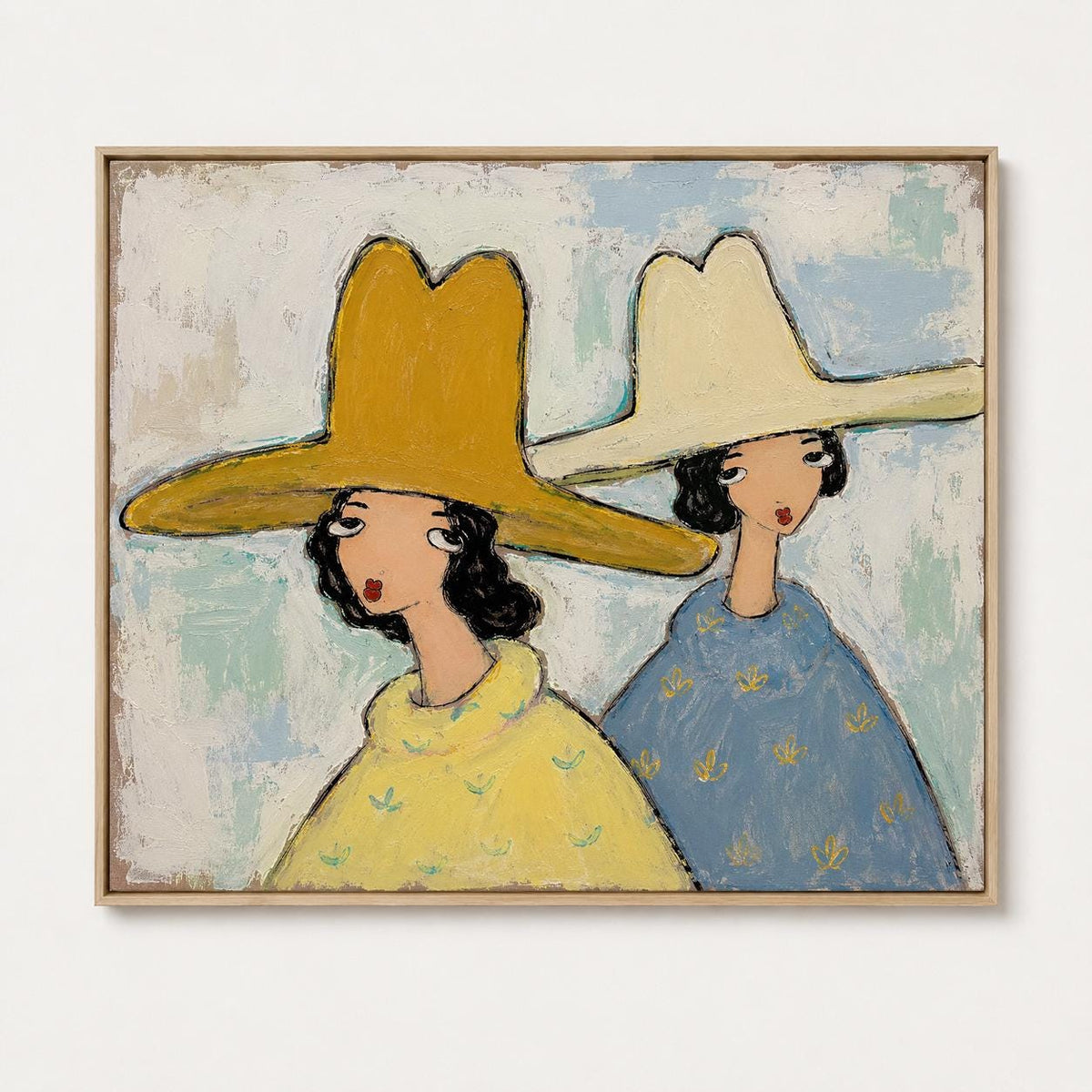 May include: A framed painting depicting two figures wearing wide-brimmed hats. One figure wears a mustard yellow hat and a yellow patterned top, while the other wears a cream-colored hat and a blue patterned top against a textured light background.