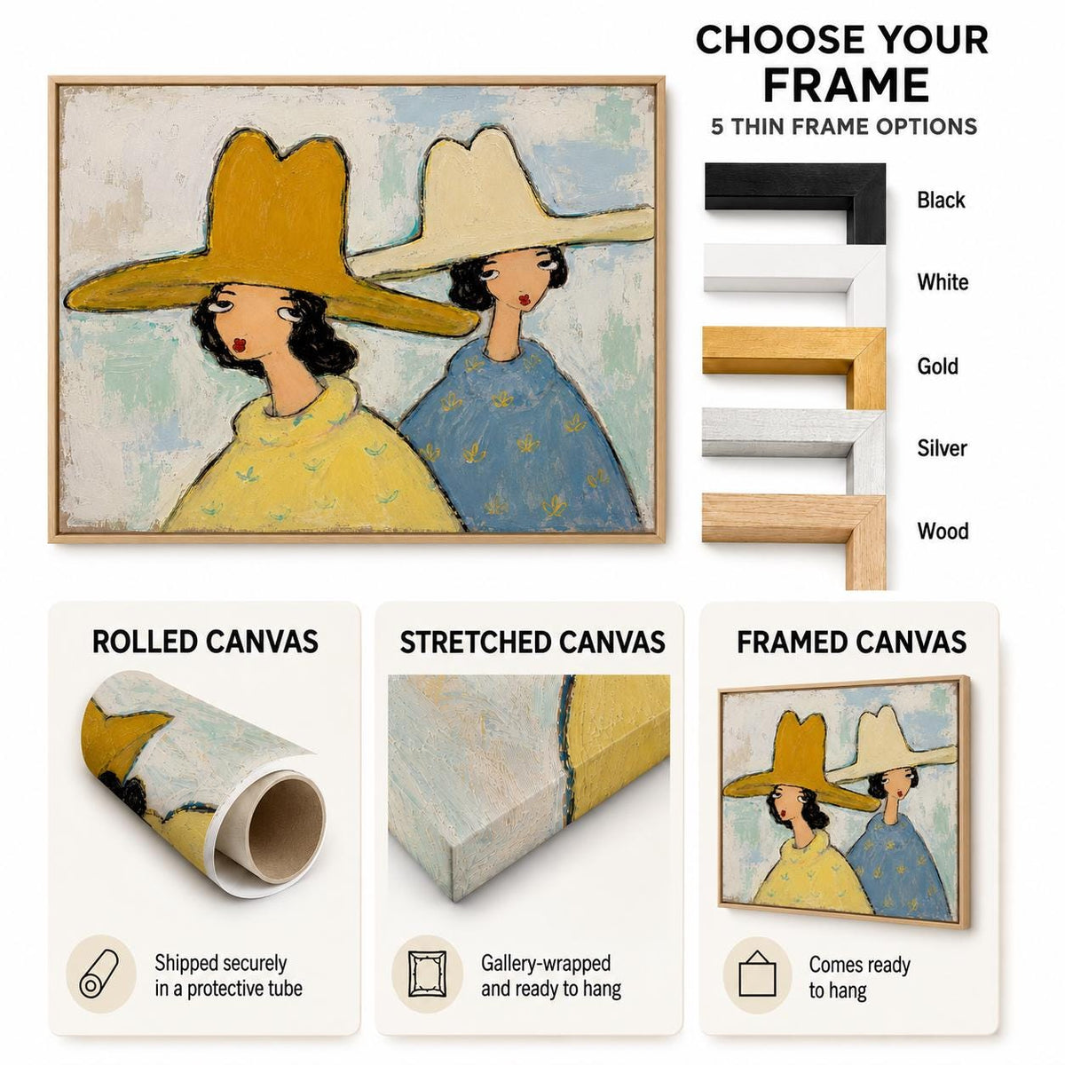 May include: A framed canvas print featuring two figures wearing wide-brimmed hats in yellow and cream, set against a light blue and white background. The image displays five frame options: black, white, gold, silver, and wood, plus rolled, stretched, and framed canvas formats.