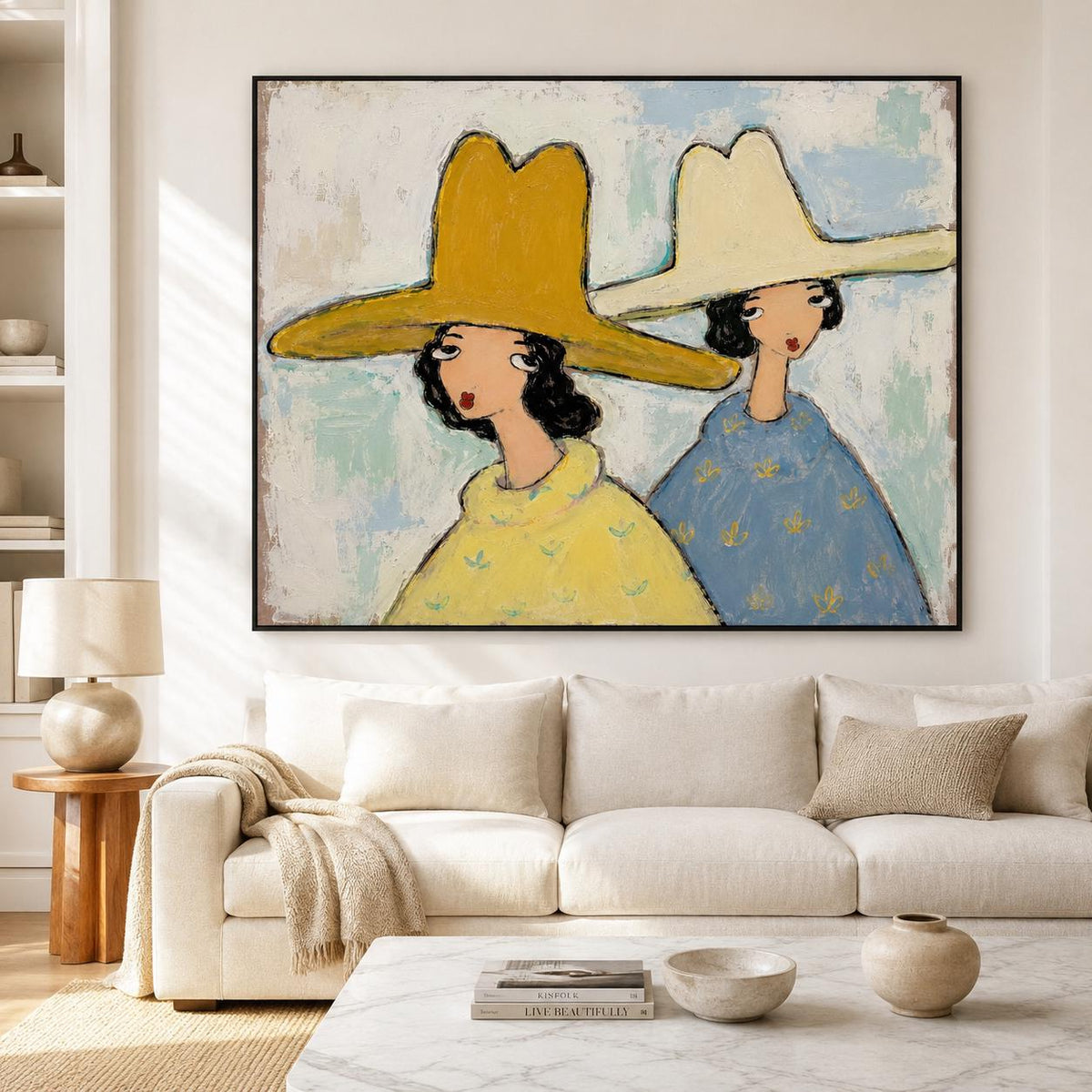 May include: A rectangular wall art painting featuring two figures wearing wide-brimmed hats. The figure on the left wears a yellow hat and yellow top, while the figure on the right wears a cream hat and a blue top with a yellow floral pattern.