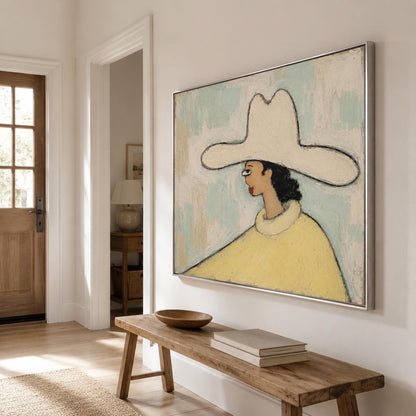 May include: A rectangular framed painting featuring a stylized figure wearing a wide-brimmed cream hat and a yellow high-neck garment. The figure is depicted in profile against a textured, light blue and off-white background with visible brushstrokes.