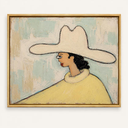 May include: An oil painting in a gold frame depicting a profile view of a figure wearing a wide-brimmed cream hat and a yellow garment with a high collar. The background features textured brushstrokes in shades of light blue and off-white.
