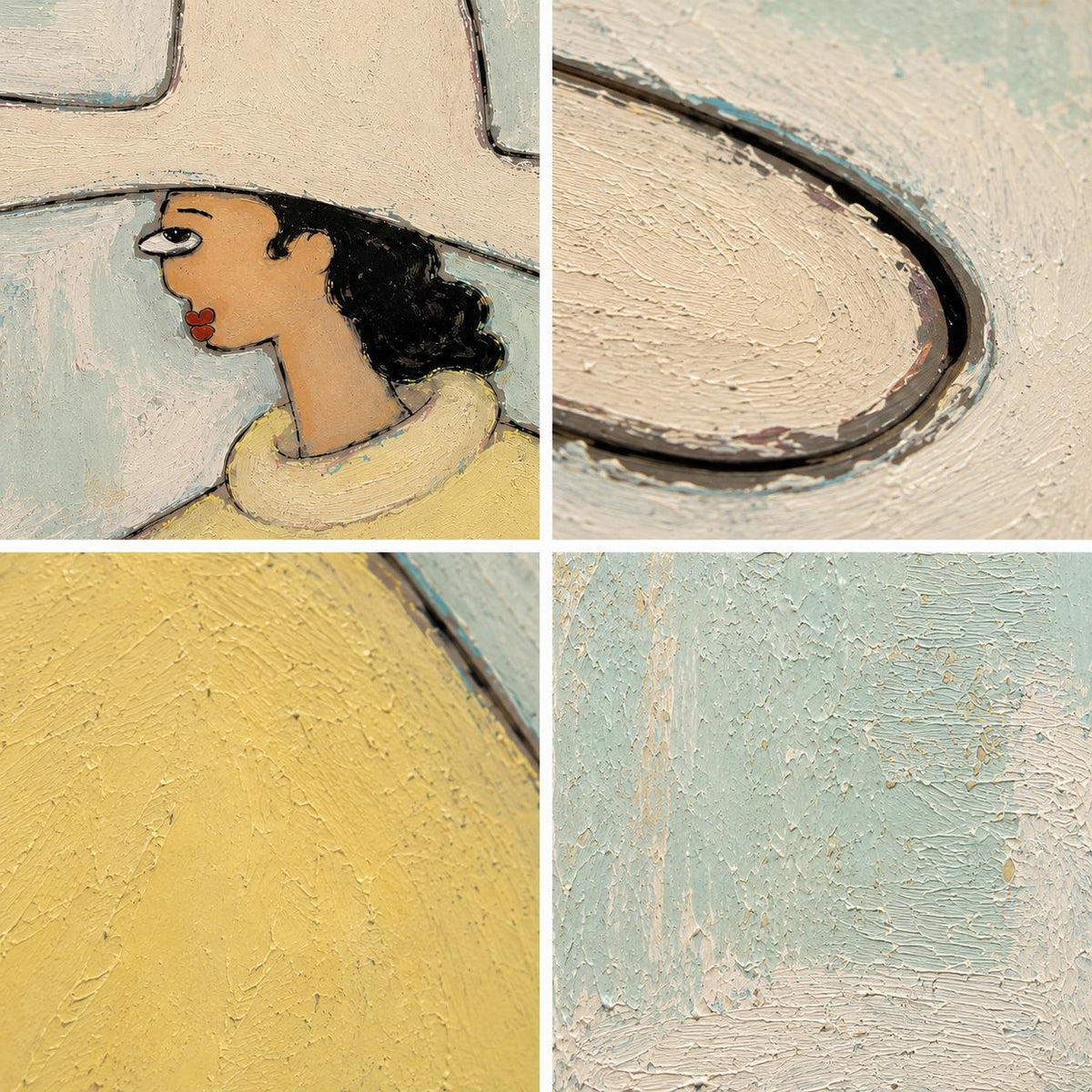 Ivory Hat Woman Wall Art Yellow Portrait Textured Canvas Painting for Entryway Home Decor