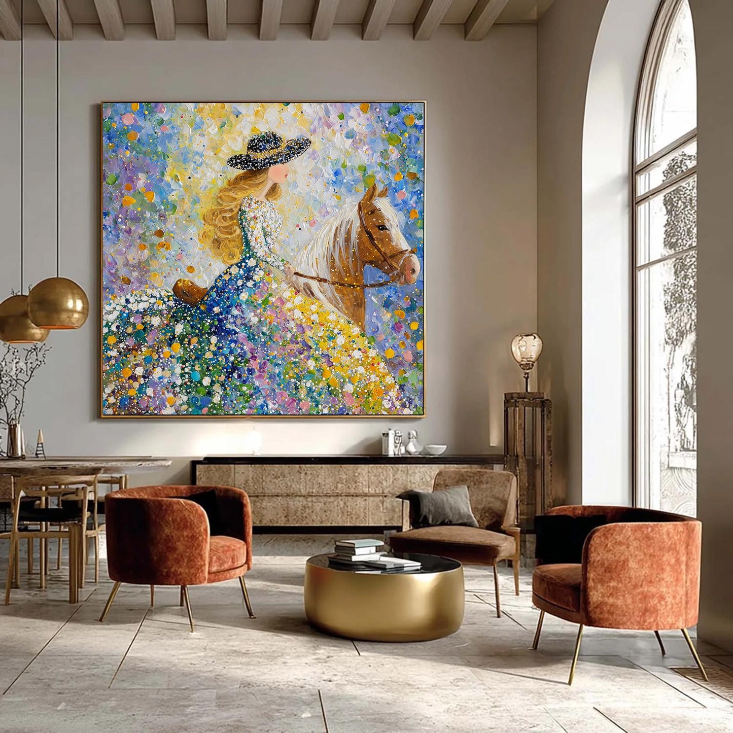 Colorful Impressionist Horse Animal Wall Art – Lady Riding Through a Blooming Garden