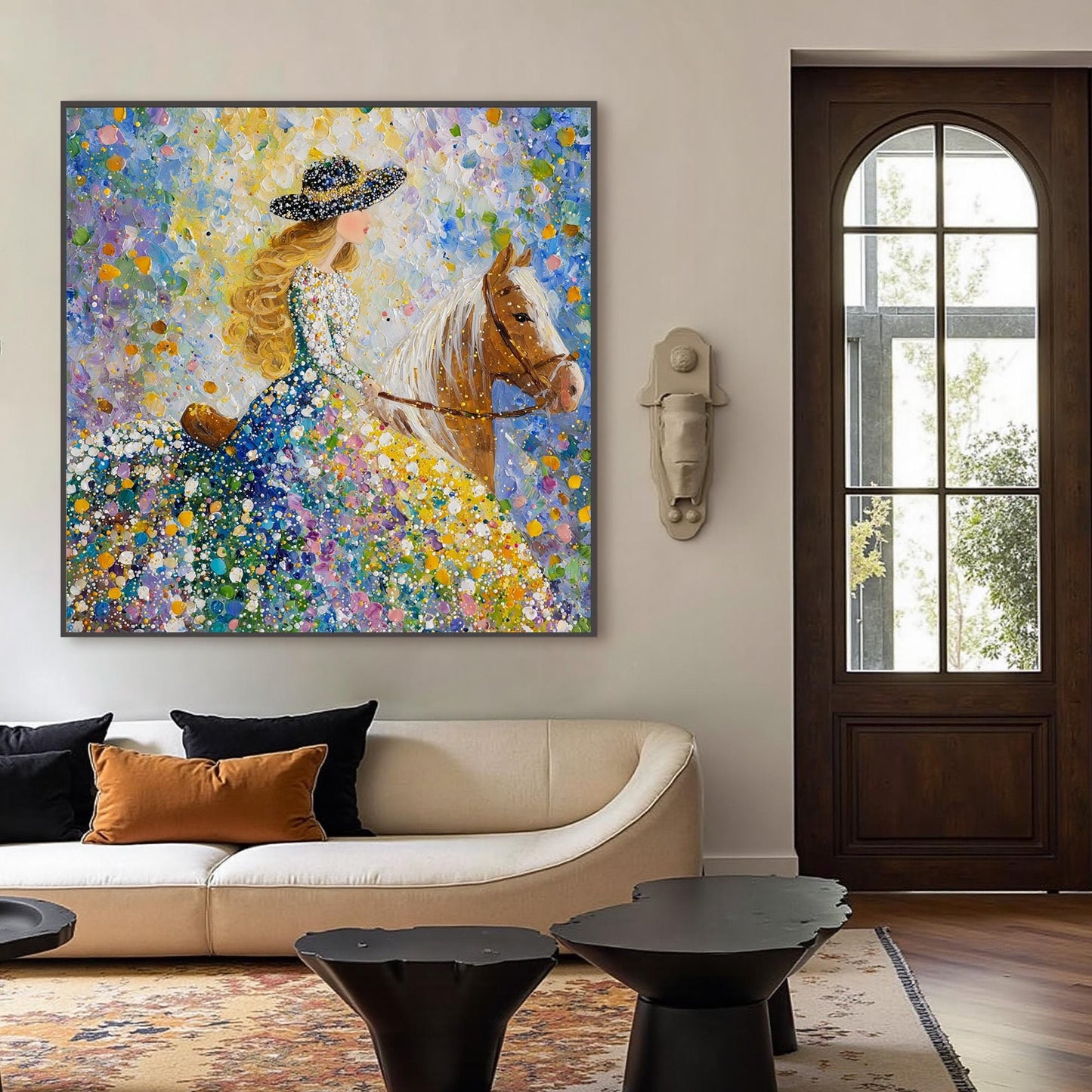 Colorful Impressionist Horse Animal Wall Art – Lady Riding Through a Blooming Garden