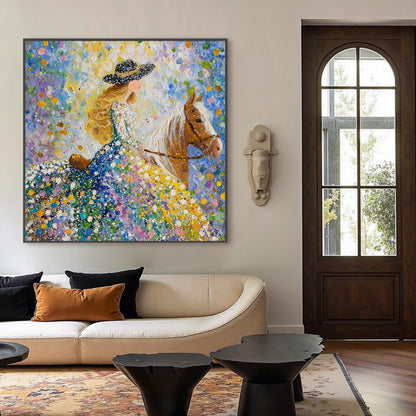 Colorful Impressionist Horse Animal Wall Art – Lady Riding Through a Blooming Garden