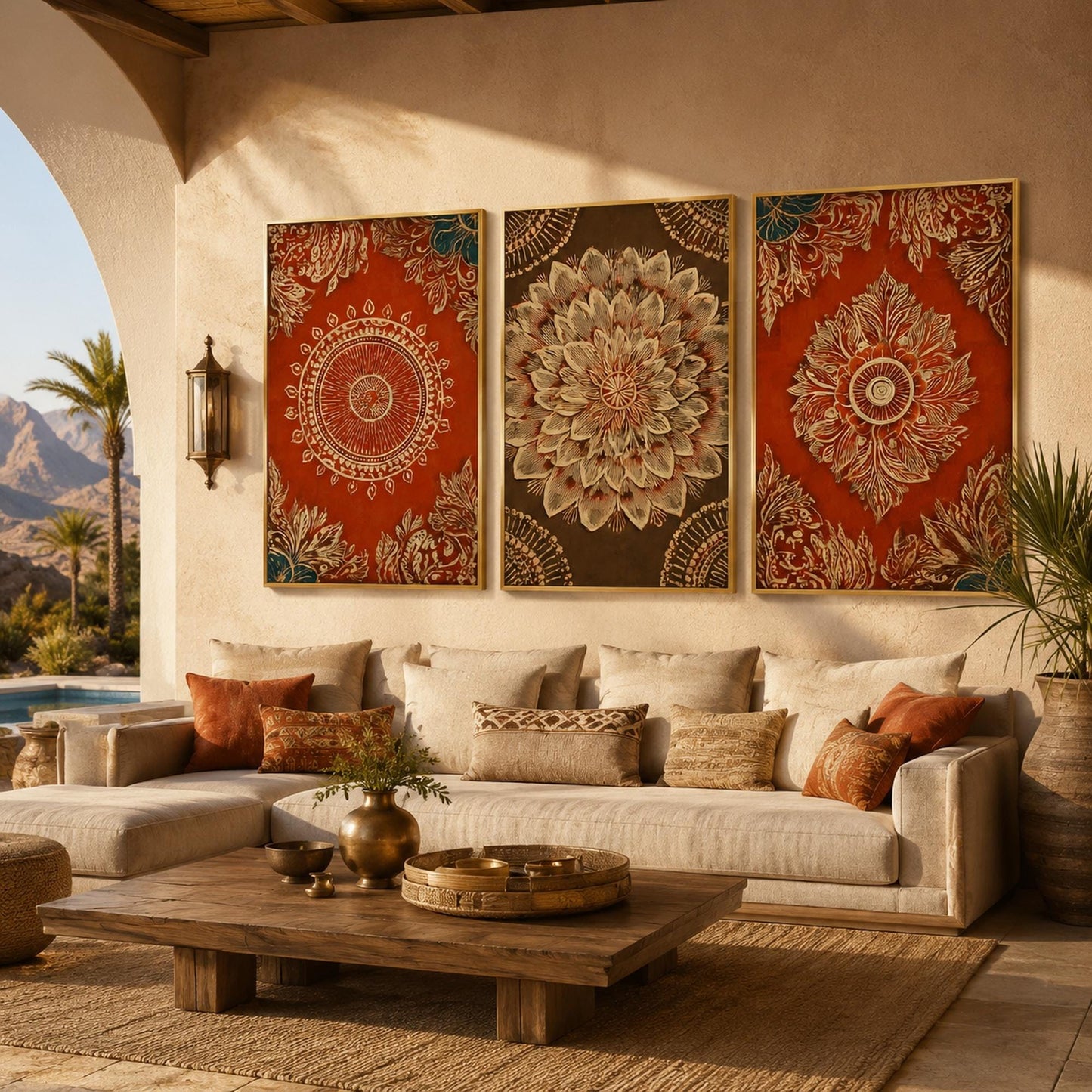 Mandala Triptych Wall Art 3 Panel Canvas Gold Red Indian Pattern Boho Decor Set Ethnic Floral Painting Large Living Room Bedr