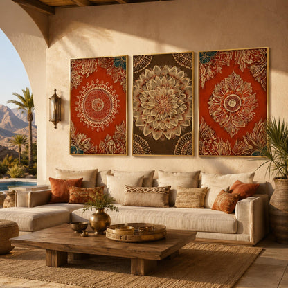 Mandala Triptych Wall Art 3 Panel Canvas Gold Red Indian Pattern Boho Decor Set Ethnic Floral Painting Large Living Room Bedr