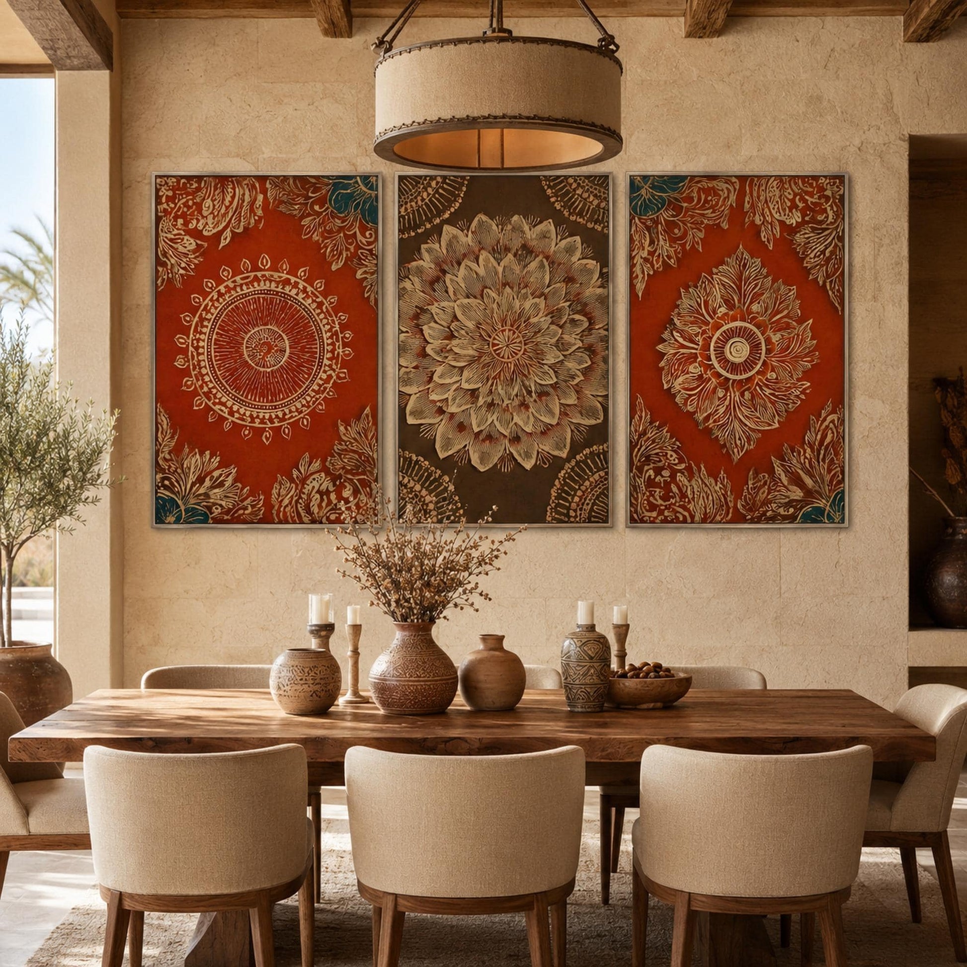 Mandala Triptych Wall Art 3 Panel Canvas Gold Red Indian Pattern Boho Decor Set Ethnic Floral Painting Large Living Room Bedr