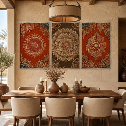 Mandala Triptych Wall Art 3 Panel Canvas Gold Red Indian Pattern Boho Decor Set Ethnic Floral Painting Large Living Room Bedr