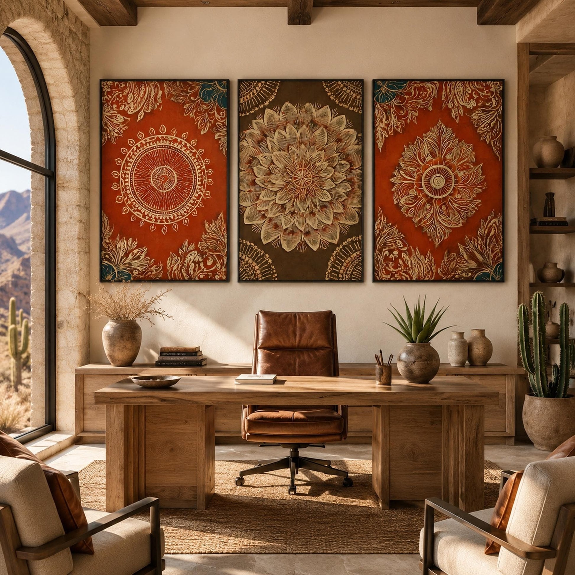 Mandala Triptych Wall Art 3 Panel Canvas Gold Red Indian Pattern Boho Decor Set Ethnic Floral Painting Large Living Room Bedr