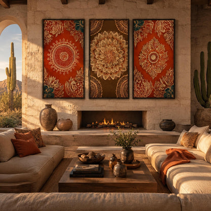 Gold and Red Boho Floral Wall Art – Mandala Triptych Wall Art 3 Panel Canvas Gold Red Indian Pattern Boho Decor Set Ethnic Floral Painting Large Living Room Bedroom