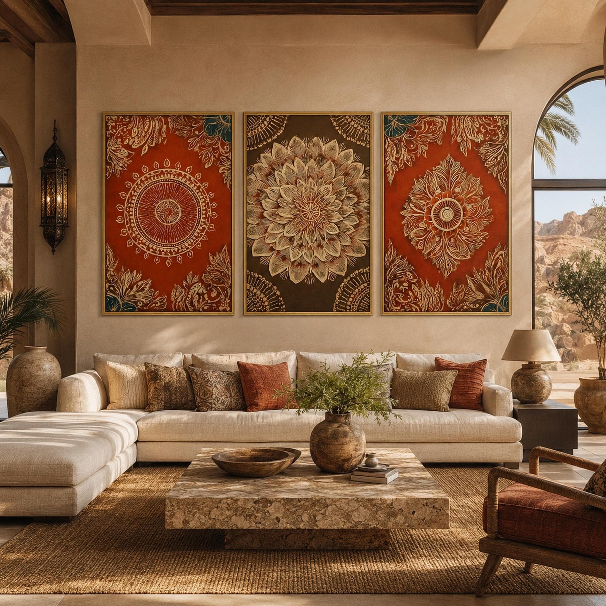 Mandala Triptych Wall Art 3 Panel Canvas Gold Red Indian Pattern Boho Decor Set Ethnic Floral Painting Large Living Room Bedr