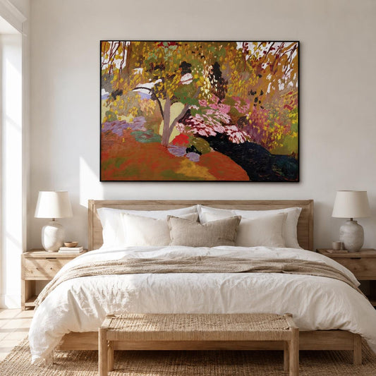 May include: A rectangular landscape painting in a black frame featuring an impressionistic scene of a garden with a large tree, pink flowering bushes, and a dark stream, rendered in shades of orange, yellow, green, purple, and deep black.