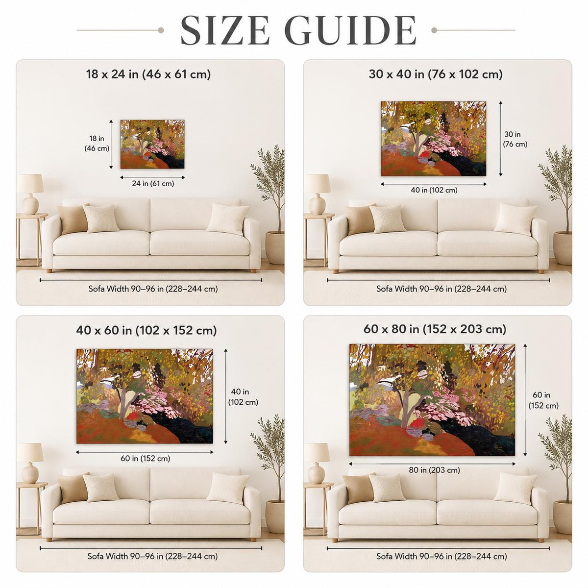 May include: A size guide chart displaying four wall art prints hung above a sofa. The prints show a landscape with trees and flowers in sizes 18x24 inches, 30x40 inches, 40x60 inches, and 60x80 inches. Each section includes dimensions and sofa width.