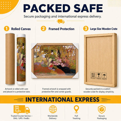 May include: An infographic titled PACKED SAFE showing three shipping methods: a rolled canvas in a protective tube, a framed artwork with corner guards, and a large wooden crate. The bottom section displays INTERNATIONAL EXPRESS with icons.