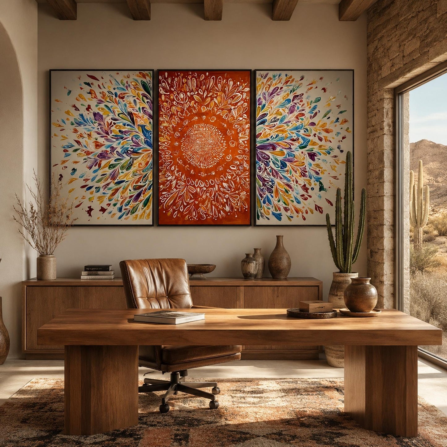 Vibrant Mandala Triptych Canvas Art – Floral Wall Art | Boho Hand-Painted Painting, view 2