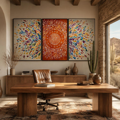 Vibrant Mandala Triptych Canvas Art – Floral Wall Art | Boho Hand-Painted Painting, view 2