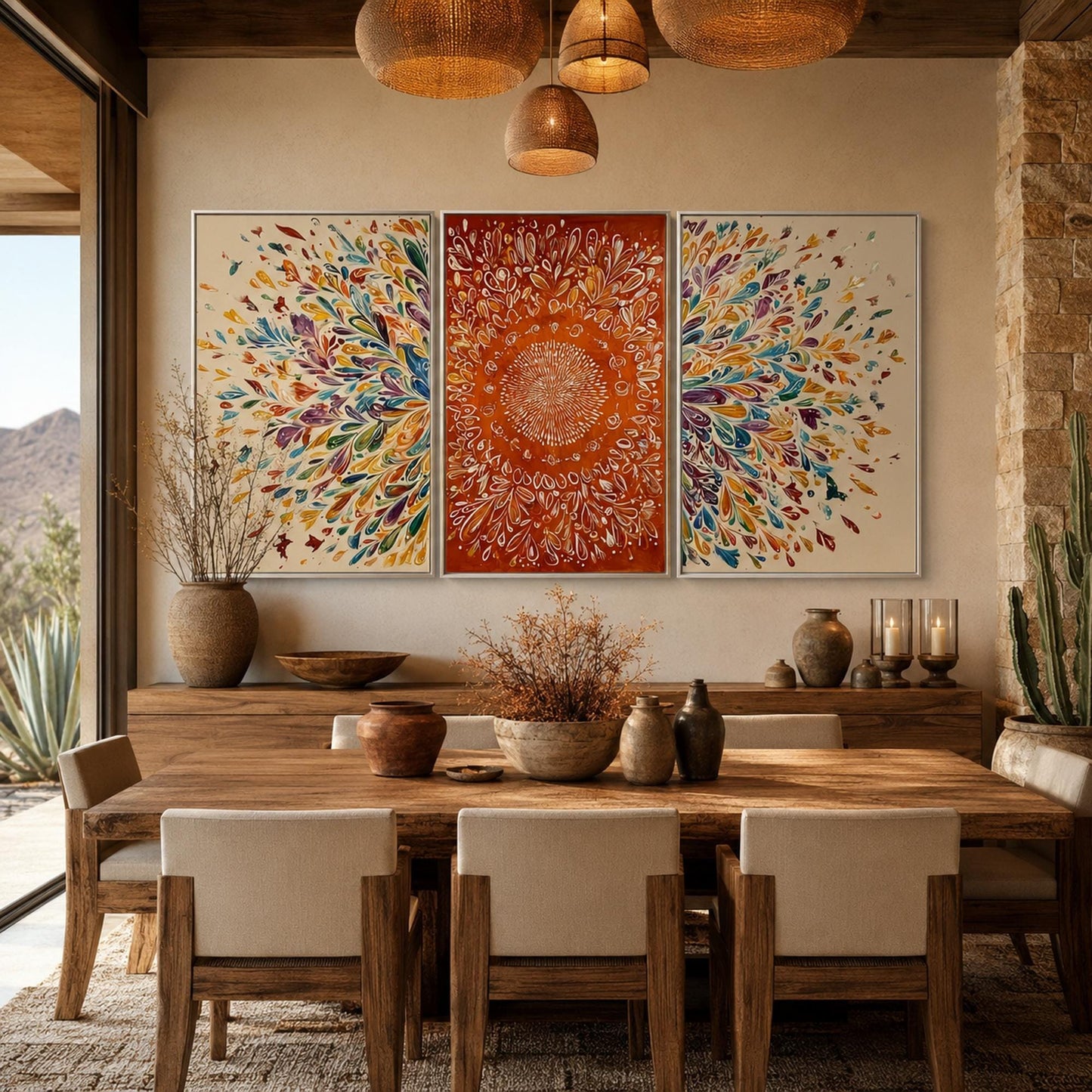 Vibrant Mandala Triptych Canvas Art – Floral Wall Art | Boho Hand-Painted Painting, view 5