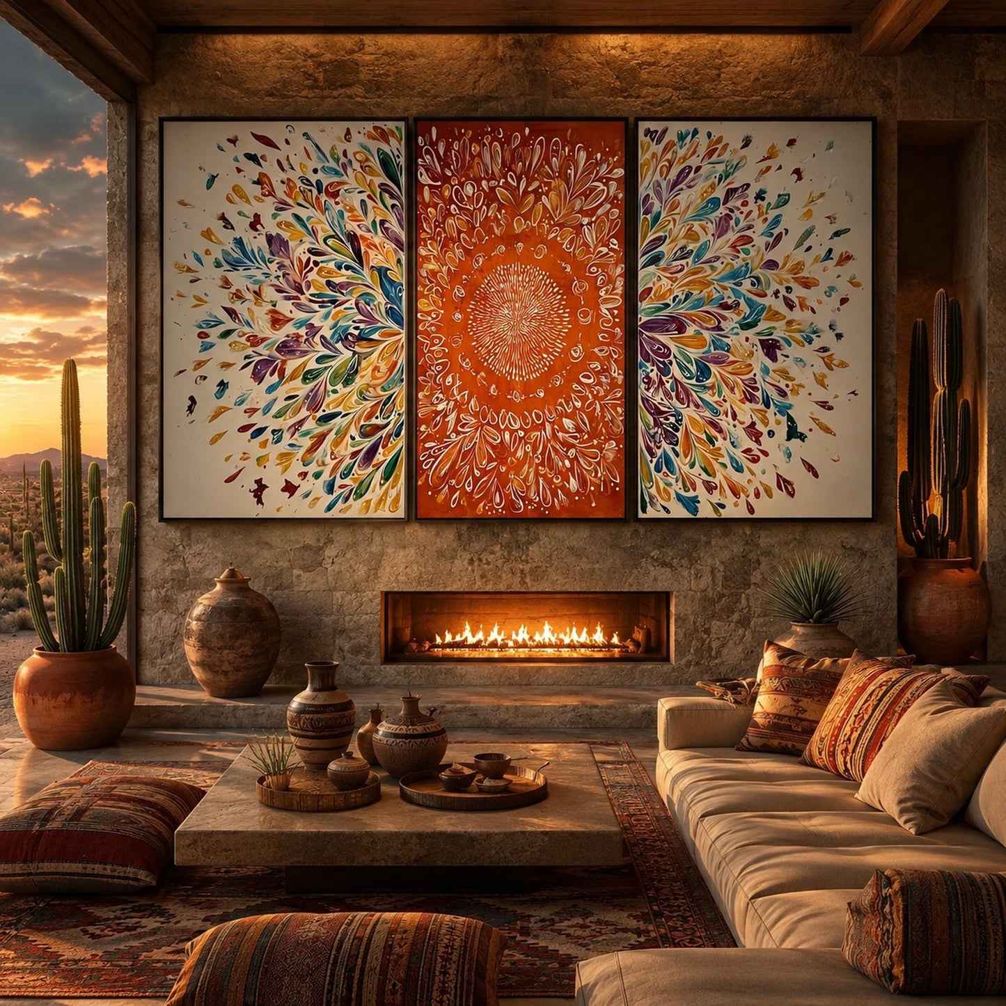 Boho Floral Wall Art – Vibrant Mandala Triptych Canvas Art